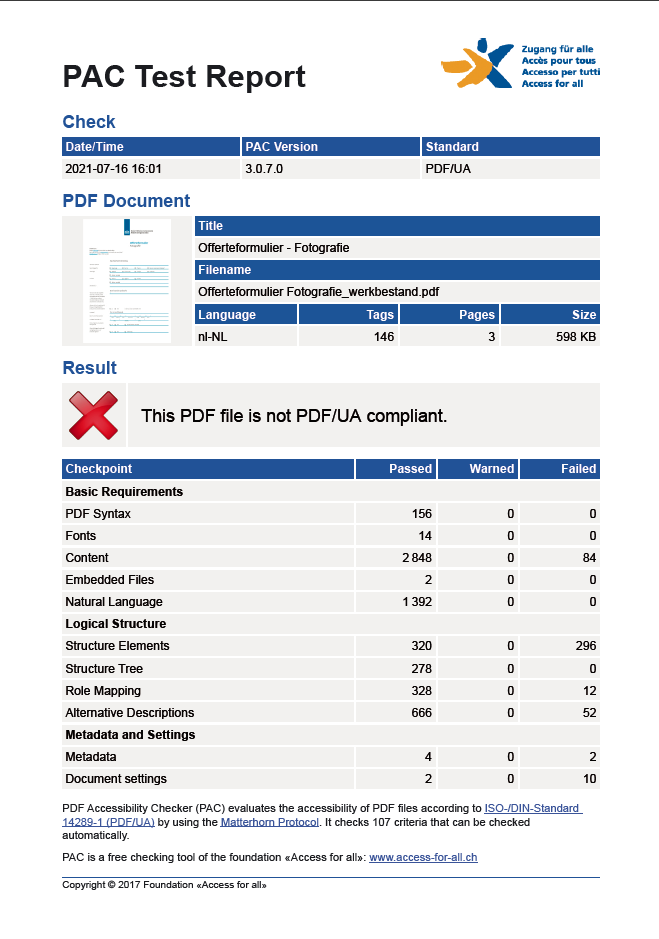 PAC test rapport bestaand formulier - in basis al goed - voor verbetering vatbaar